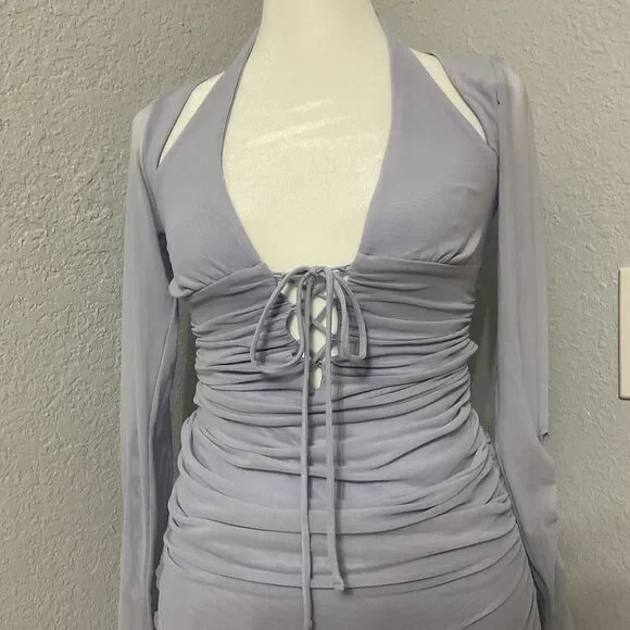 Y2K Style Whimsigoth Fairy Long Sleeve Ruched Mini Dress Purple Oh Polly Size 2 - Picture 2 of 8